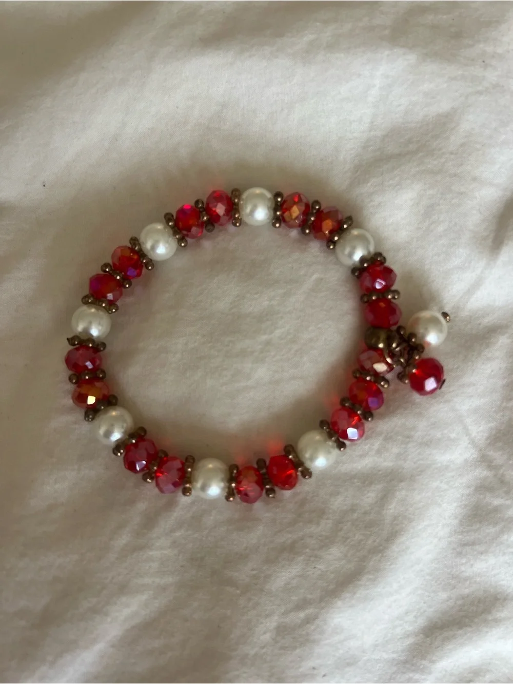 Pearl and Red Crystal Beaded Stretch Bracelet